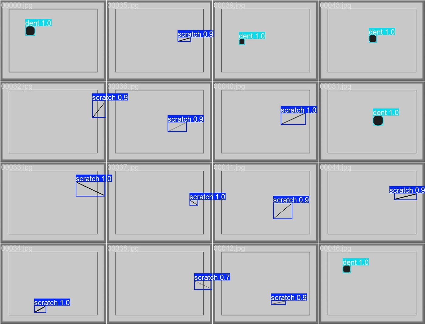 Validation images with predicted scratch and dent boxes